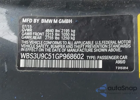 2016 BMW M4 from USA, damaged, VIN WBS3U9C51GP968602